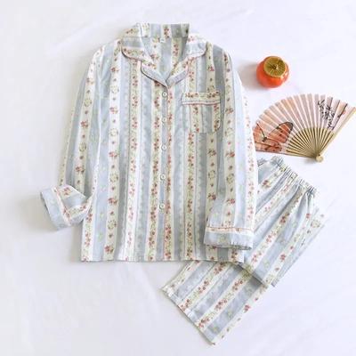 New Women's Pajamas Set 100% Cotton Gauze Long-sleeved Trousers Two-piece Set Fresh and Sweet Thin Home Clothes