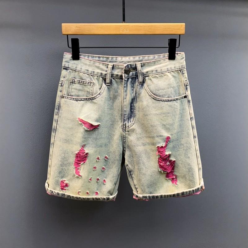 Mens Light Wash Distressed Denim Shorts Loose Fit Ripped Jeans Casual Streetwear