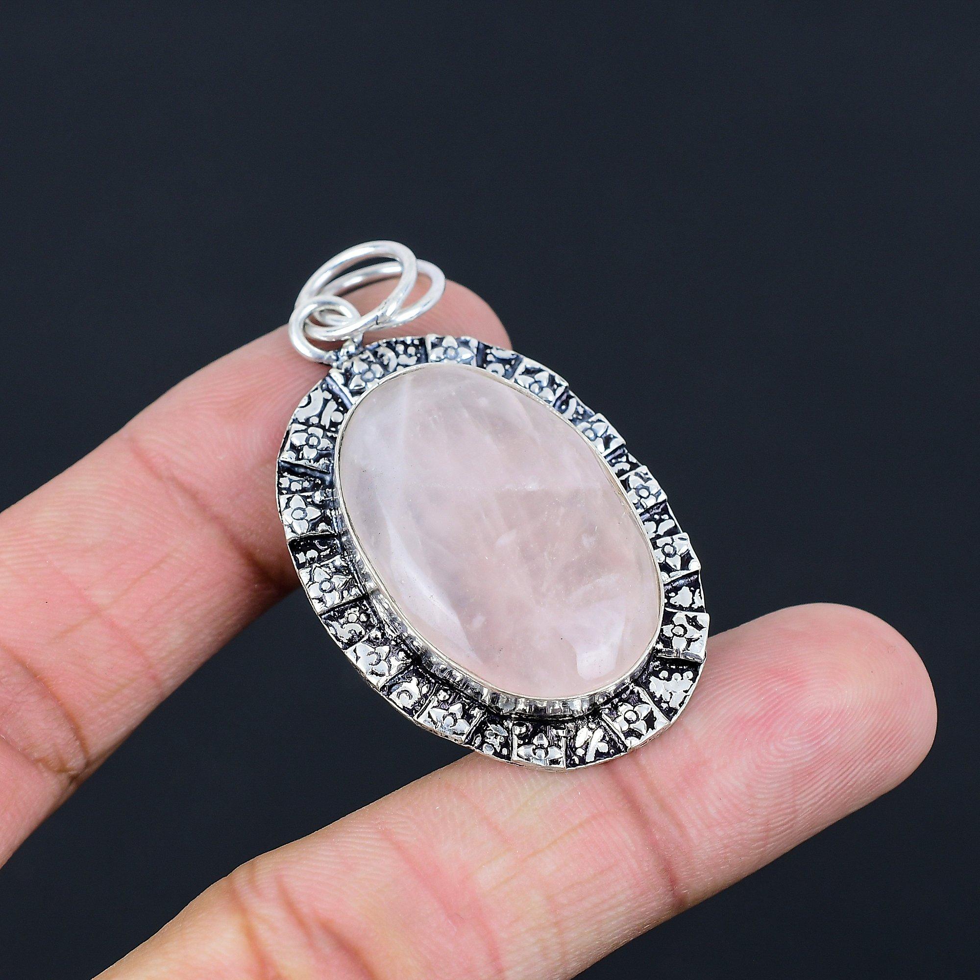 Sterling Silver Oval Rose Quartz Gemstone Ethnic Bezel Sister Engagement Pendant