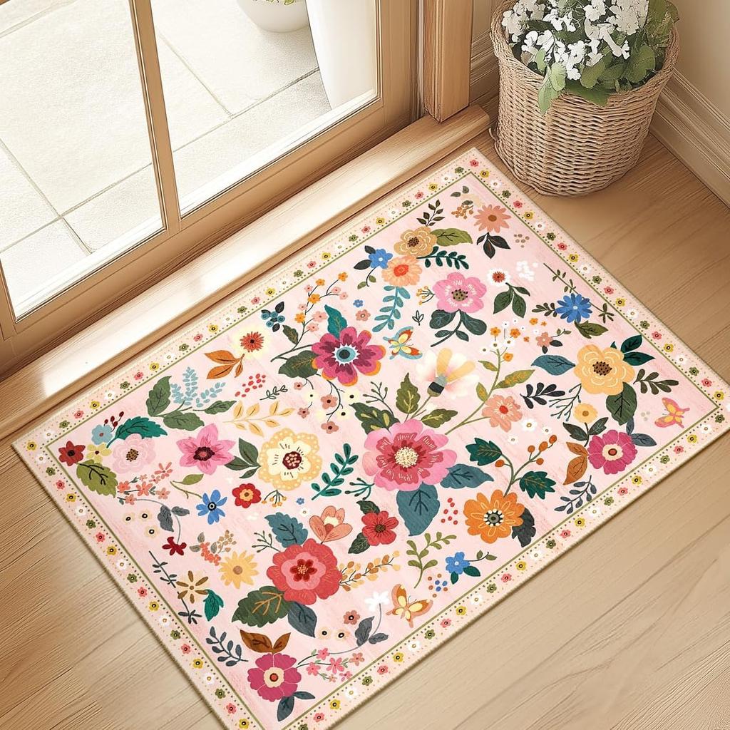Crystal velvet carpetFloral  Area Rug Machine Washable Soft Print Boho Carpet Non Slip Doormat Low Pile Flower Area Rugs for