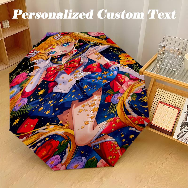 Tragbarer automatisch faltbarer Regenschirm, Sailor Moon 8-Rippen wasserdichter Regenschirm für Camping Pendeln