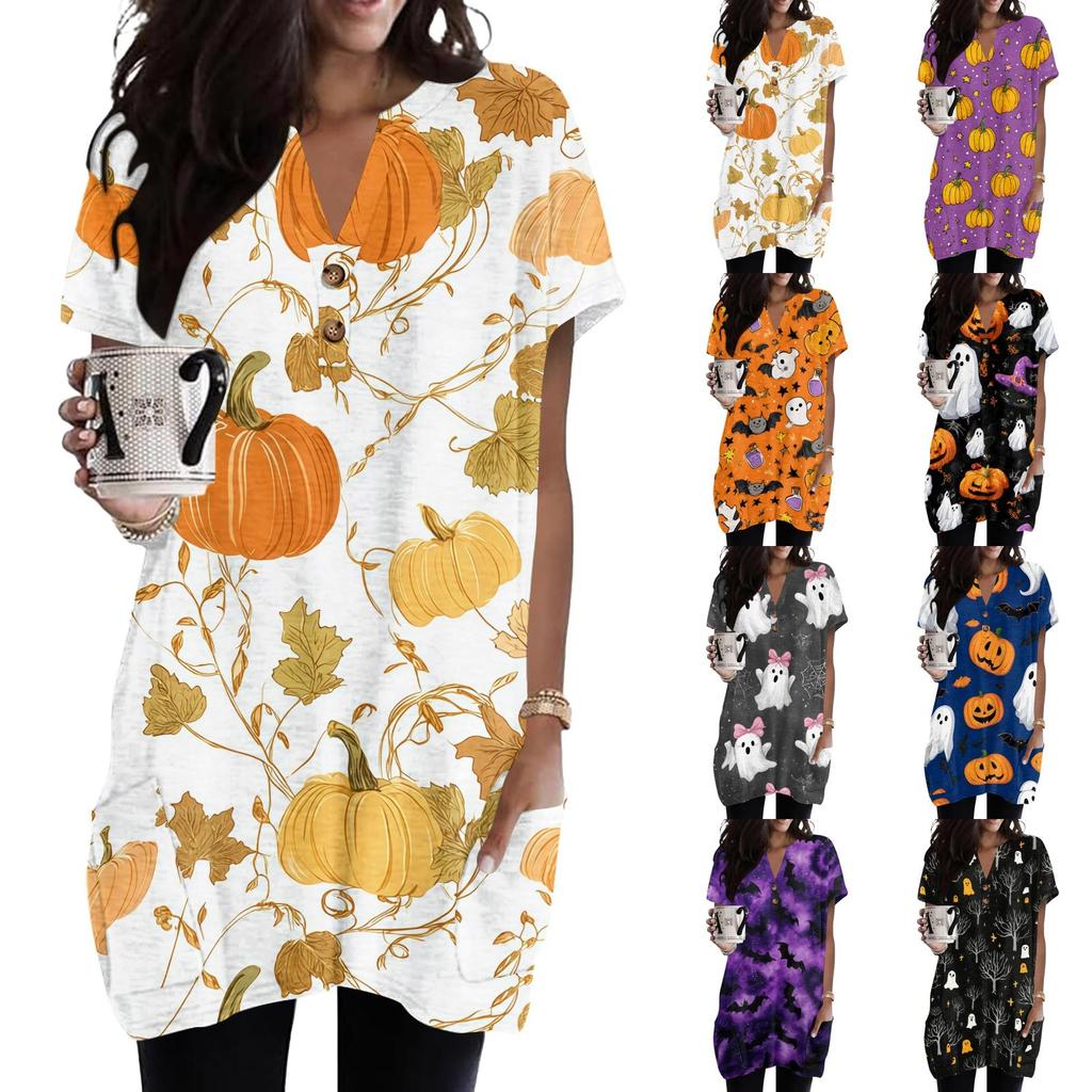 Women's V Neck Pullover Dress Halloween Print Short Sleeve Pocket Casual Loose Fit Tunic Dress