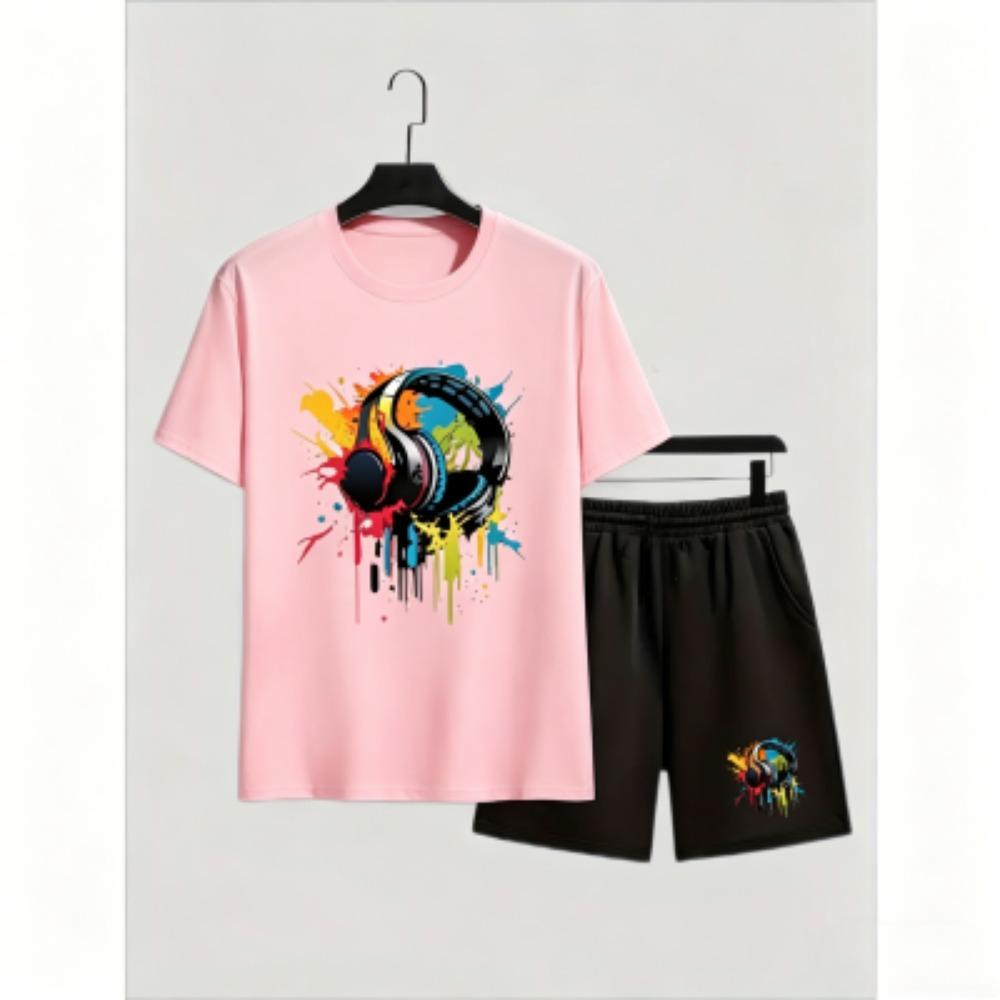 Fashion Men's T-shirt Shorts Set Color Headphones Printed Short Sleeve Tops Shorts 2pcs Summer Men Women's Outdoor Casual T-shirt Sets