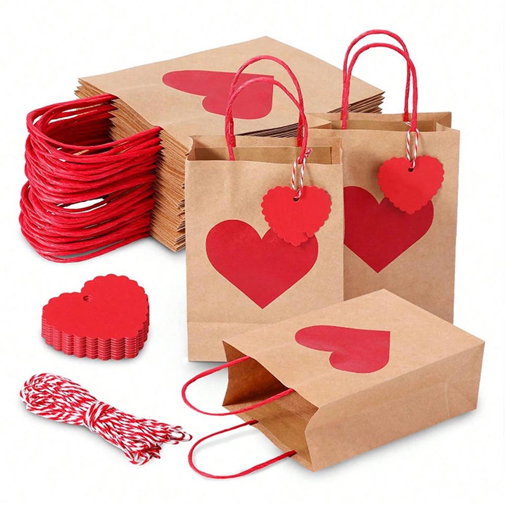 10/12 Packs Valentine's Day Heart Gift Bags With Handles And Heart Tags Red Paper Gift Bags For Valentine Anniversary Wedding