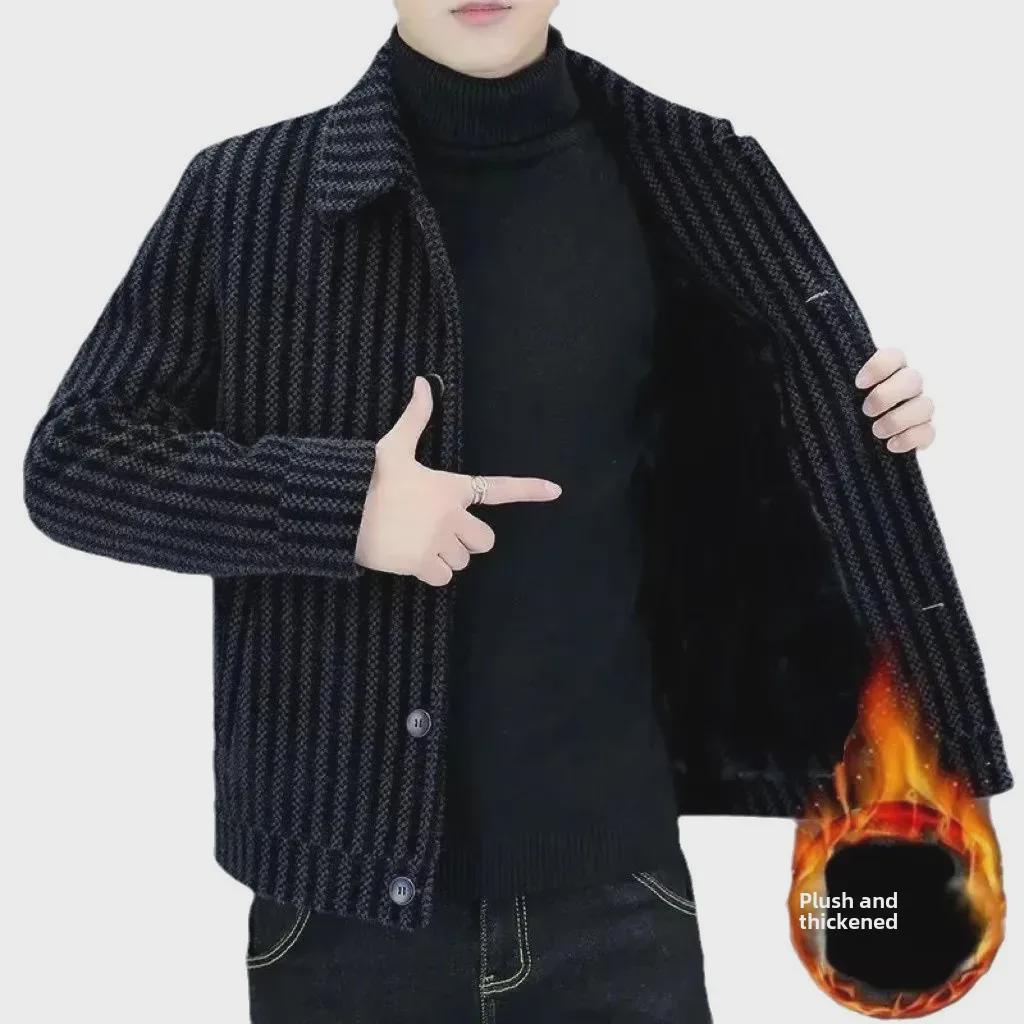 Men's High-End Wool Blend Striped Coat - Cozy Lapel Jacket for Autumn & Winter