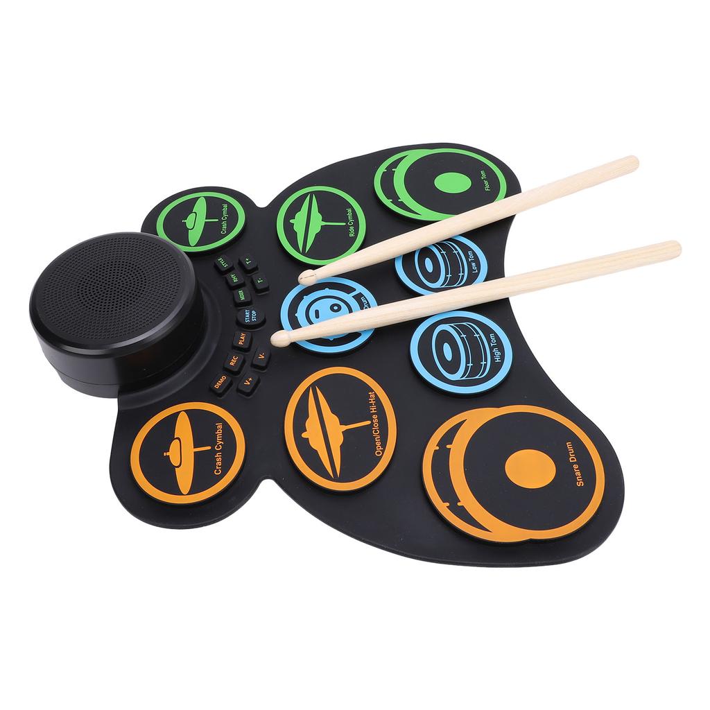 Batería electrónica de 9 almohadillas, almohadilla de práctica de batería con conector para auriculares, almohadilla de batería enrollable, 2 altavoces incorporados
