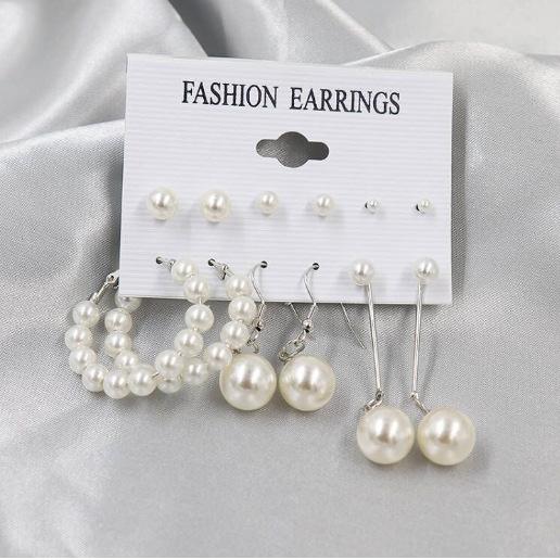 European and American style metal earrings square geometric earrings retro imitation pearl earrings Hepburn style earrings set