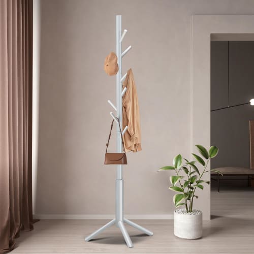 Azaeahom Wooden Pole Hanger for Clothing Storage, Coat Rack, 40kg Load Capacity, Hanger Stand, Branch-Shaped Hook Design, 175cm Tall, 3 Adjustable Hei