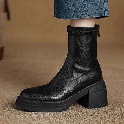Sheepskin Winter Round Toe Modern Platform Boots Thick High Heels Zipper Women Ankle Boots