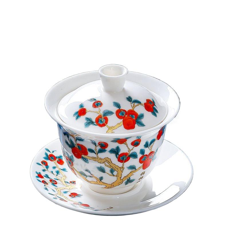 

Suet Jade White Porcelain Three Talents Cover Bowl Qinglong Pattern Anti-Scalding Kung Fu Tea Set Household Large Tea Bowl 200ml