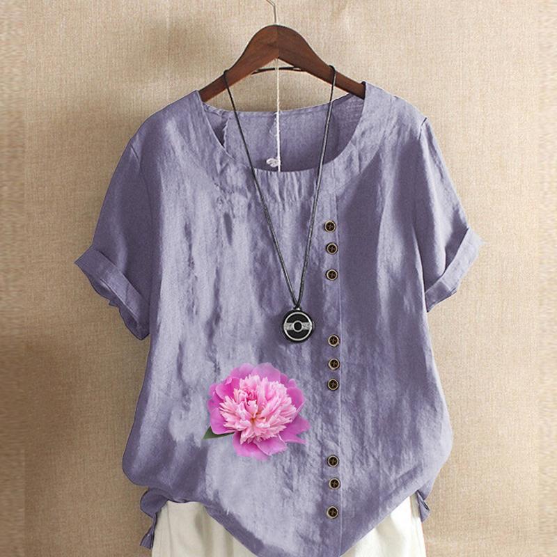 Women's Fashion Round Neck Short Sleeve T-shirt Casual Cotton Linen Graphic Shirt Flower Prined Summer Blouse Tops