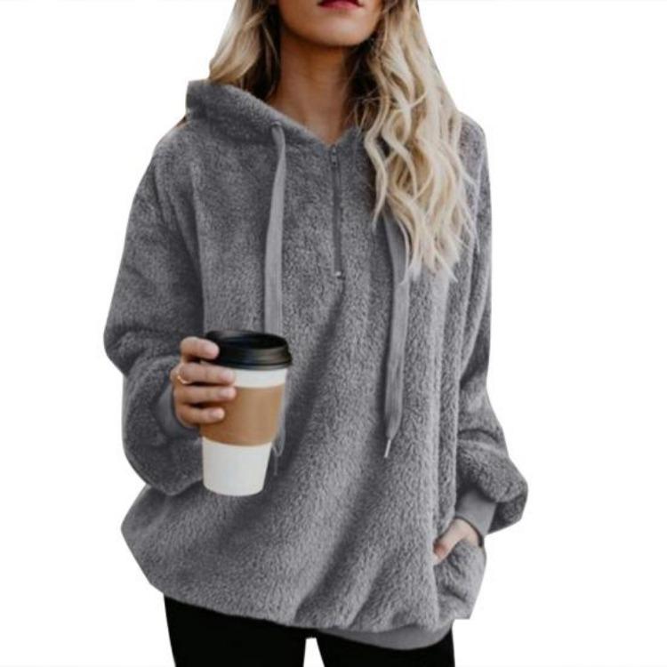 

Women Plus Size Fluffy Hooded Sweatshirt Winter Solid Color 1 4 Zip Up Hoodies S темно-серого