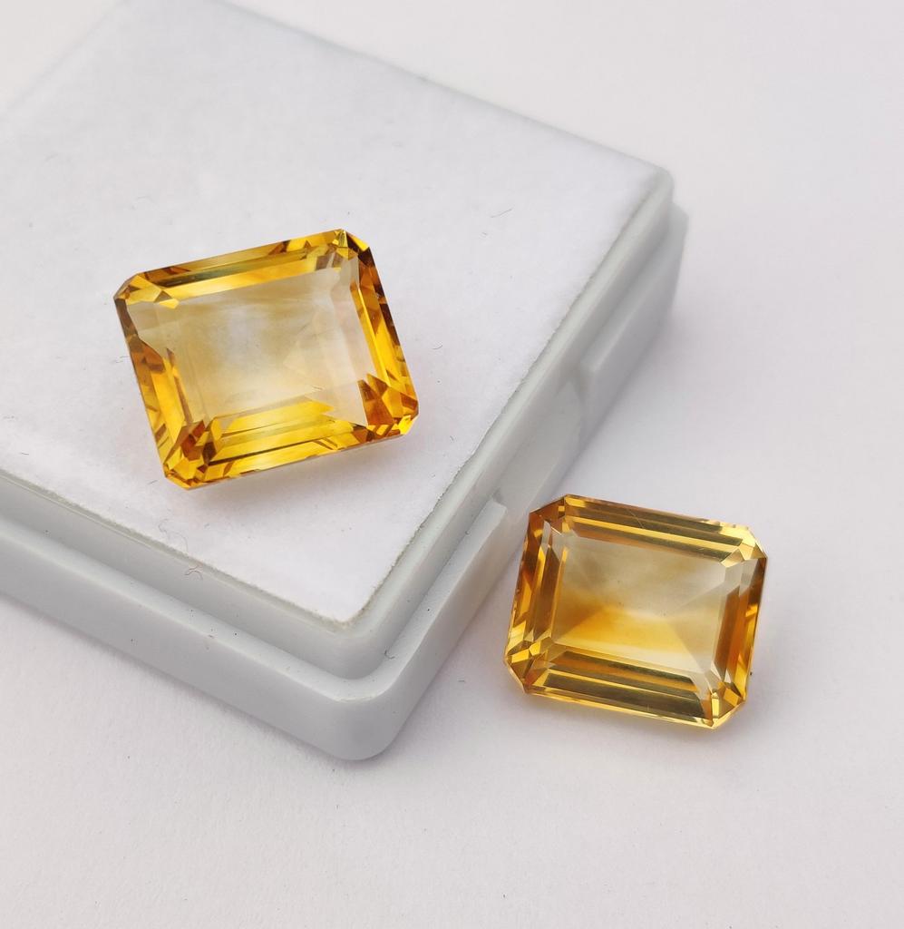 2 Pieces Emerald Cut Natural Citrine Faceted Gemstone, Loose 19.45 Carat Gemstone, 14x12x7 mm Size.