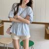 Summer French Versatile Solid Color Round Neck Short Sleeve Shirt Puff Sleeve Pleated Loose Women