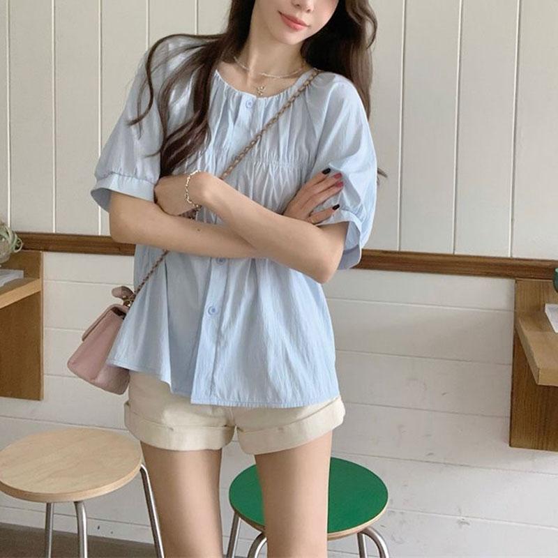 Summer French Versatile Solid Color Round Neck Short Sleeve Shirt Puff Sleeve Pleated Loose Women