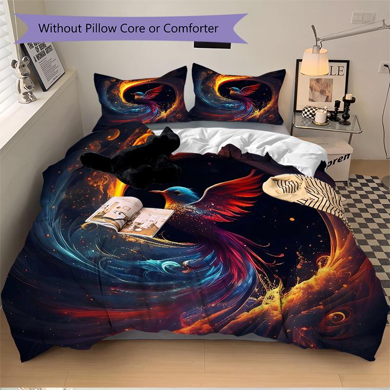 3pcs Phoenix Rising Pattern Bedding Three-Piece Set (1 Cover + 2 Pillowcases, No Fillings), This Printed Bedding Set Is