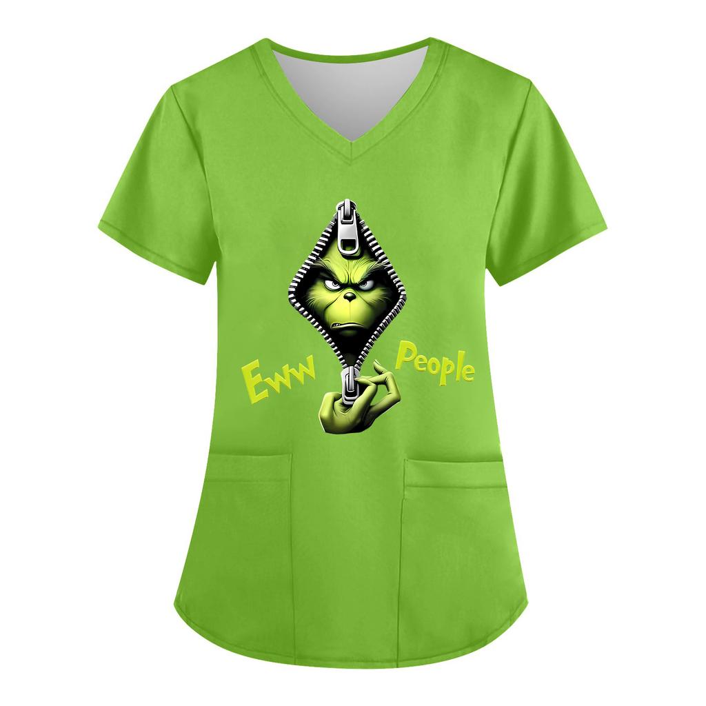 Women's V-neck Christmas Print Short-sleeved Pocket Side Slit Uniform Top