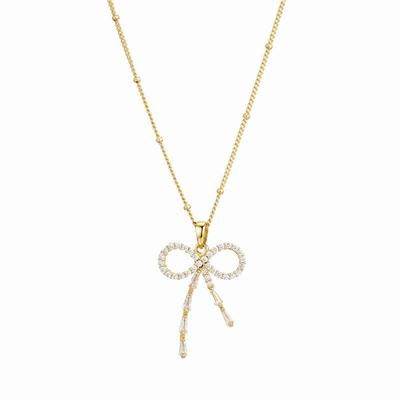 18k Gold Zirconia Bow Necklace with Diamond Thin Chain