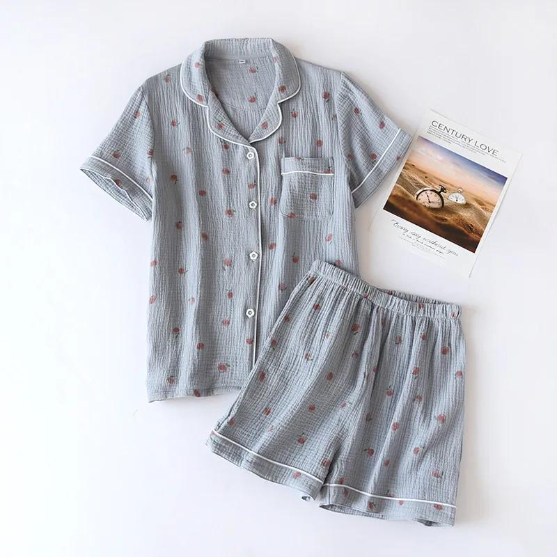 Summer Ladies Short-sleeved Shorts Pajamas Set 100% Cotton Crepe Cloth Thin Home Service Two-piece Spring and Autumn Loose