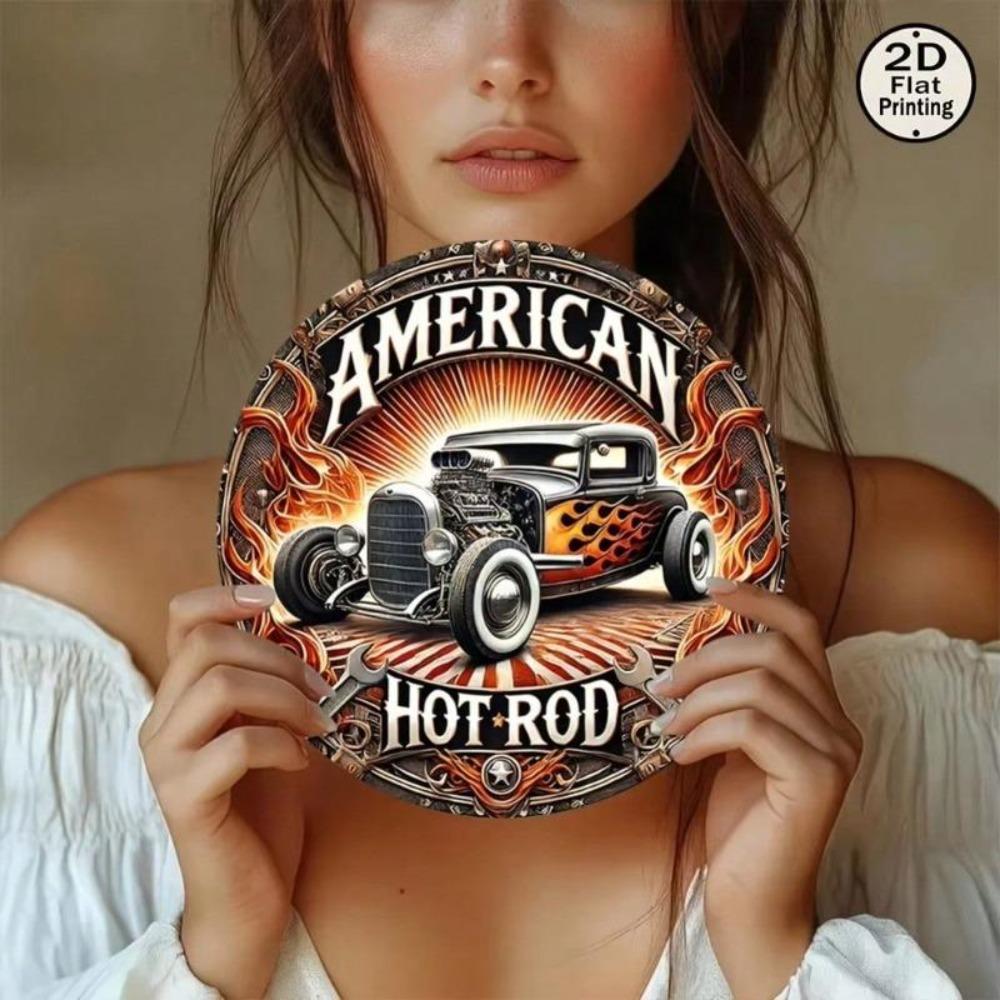 Classic Car Metal Tin Sign American Hot Rod Vintage Wall Art 8 Inch Round Home Decor