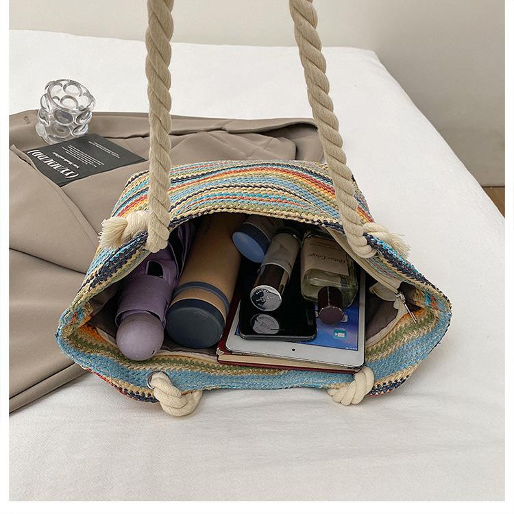 Fashion Rainbow Stripe Women's Bag Contrast Color Stripe Shoulder Bag Women's 2025 New Woven Tote Bag Large Capacity Handbag