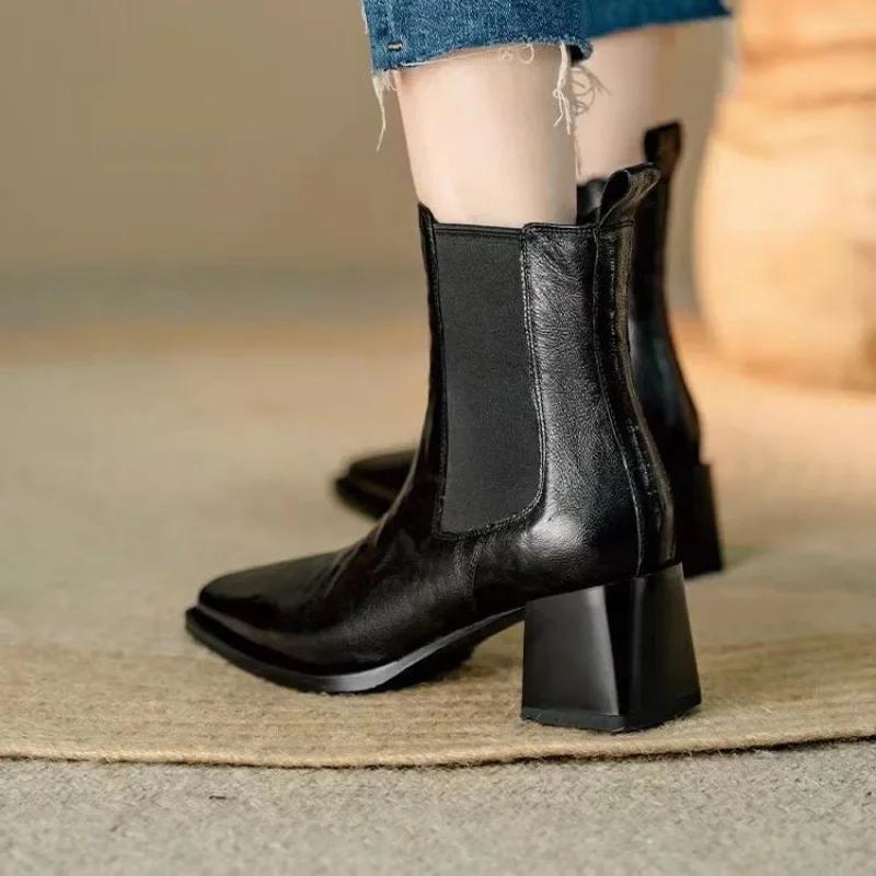 2024 Fashion Ladies Shoes Ankle Women's Boots Elegant Modern Boots Women Sewing Square Toe Slip on High Heel Shoes Women Zapatos