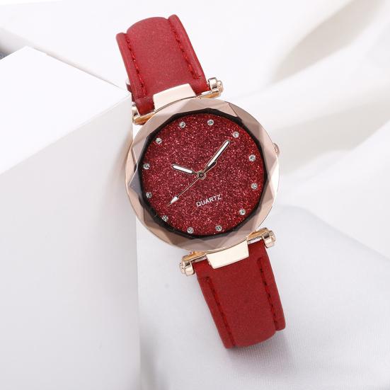Women Casual Watch Rhinestone Round Dial Faux Leather Strap Ladies Business Formal Dress Quartz Wristwatch Fashion Jewelry Accessory Birthday Gift