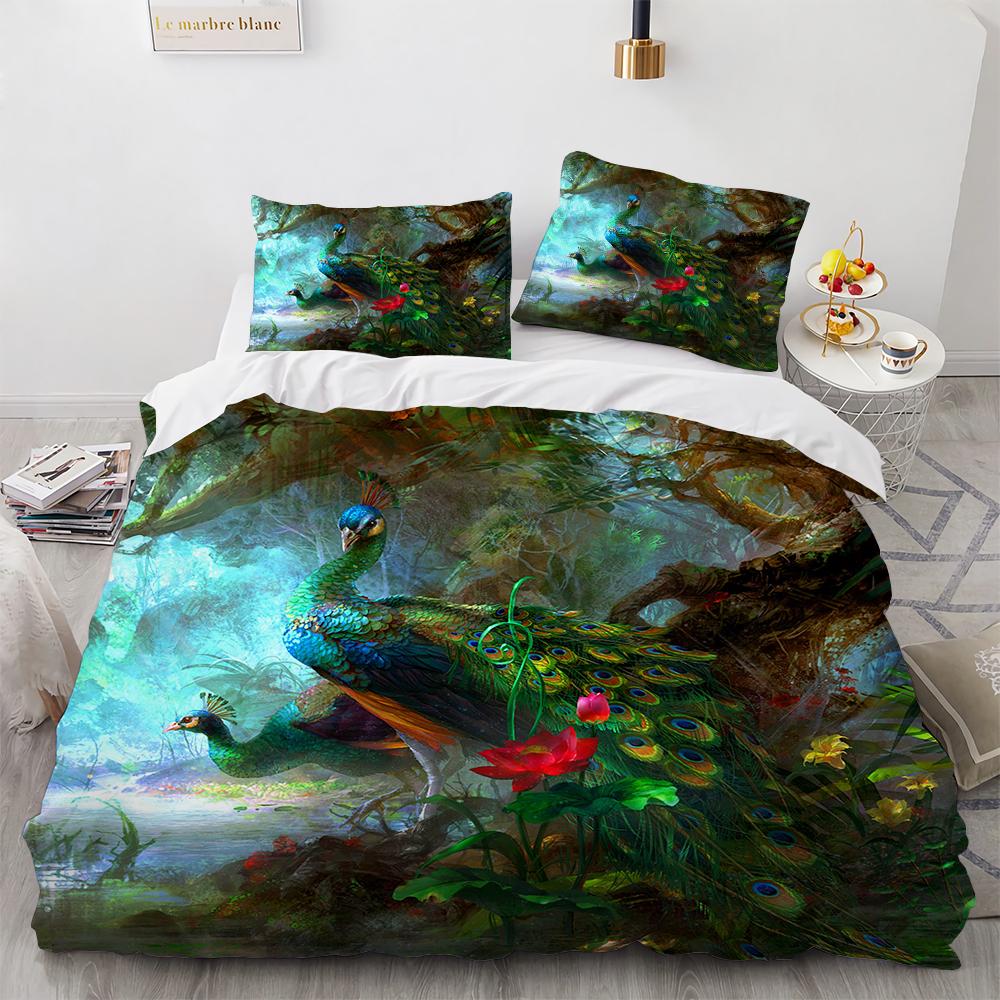 Juego de Funda Nórdica de Pavo Real Microfibra Preciosa Pluma Azul Funda de Edredón Flor Rosa Suave 2/3 Piezas Aves Tema Animal Funda de Edredón
