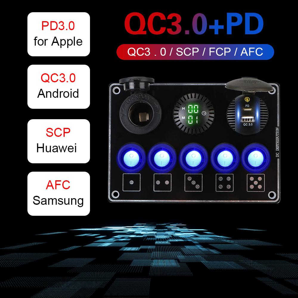 12/24V LED Voltage Display 5 Gang For RV Car Marine PD USB QC3.0 Quick Charge Car Accessories Waterproof Car Switch Panel