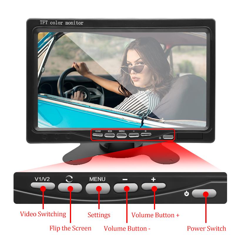 Hippcron 7 Inch Car Monitor Screen Rear View Support Camera Digital 2 Way Video Input Reversing Image TFT LCD Parking System