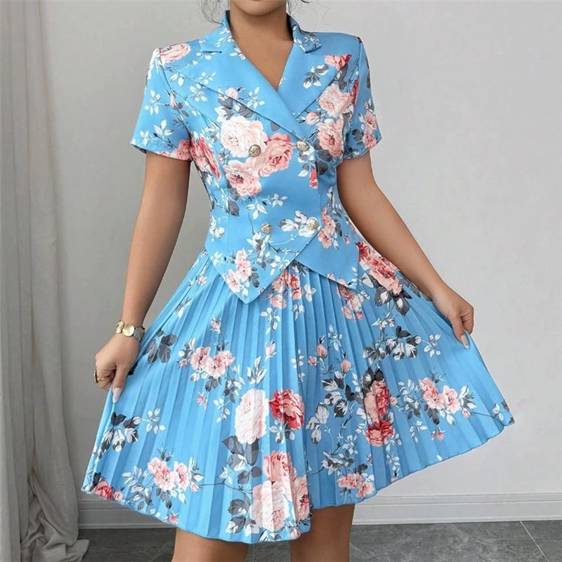 Women Floral Blazer Outfit Short Sleeve Lapel Pleated Mini Skirt Set Elegant Vintage Rose Print Party Ensemble Dating & Evening