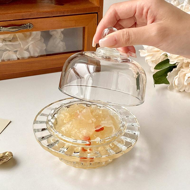 1pcs Chinese Bird's Nest Bowl White Fungus Cup Glass Belt Cover Transparent Delicate High Grade Fruit Dim Sum Dessert Soup Cup