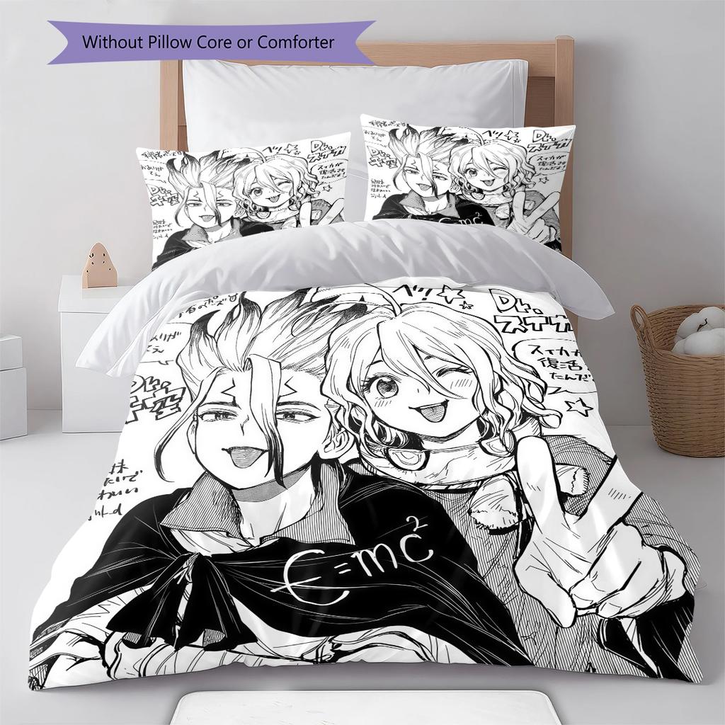 Dr STONE Pattern Bedding,Quilt Set Quilt Cover Pillowcase Home Birthday Gift (1 * Duvet Cover + 2 * Pillowcase, Without Core)