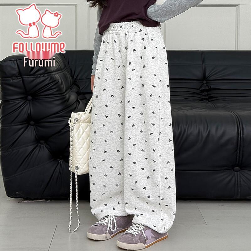 Fuluomi Girls  Heather Grey Sweet Style Loose Wide-Leg Pants 130