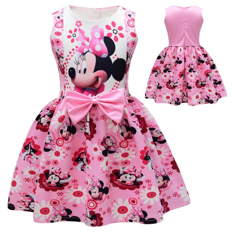 Cute Minnie Mouse Print Girls Sleeveless Dress A-Line Big Pink Bow Flared Skirt Floral Cartoon Kids Princess Sundress for Birthday Party Daily Wear