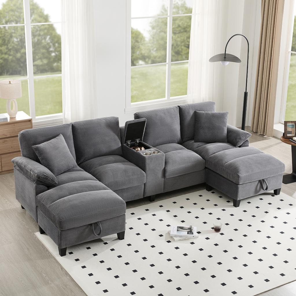4-Seater Sofa in U-Shape with Storage, Corduroy Fabric, Stainless Steel Drink Holders and Two USB Ports, for Living Room, Bedroom and Apartments