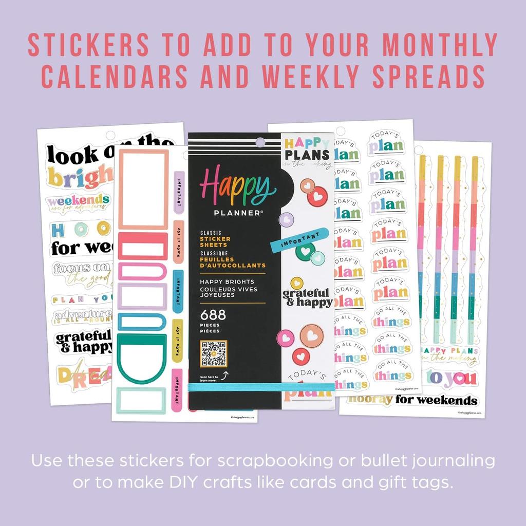 Happy Planner Sticker Pack for Calendars, Journals, and Diary Planners, Multicoloured Scrapbook Accessories, Happy Brights Theme, Classic Size, 30