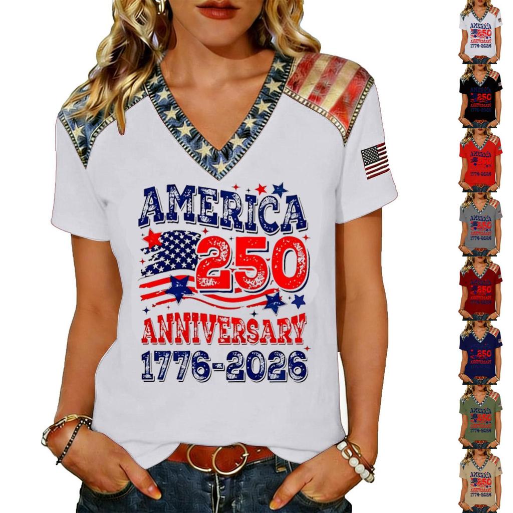 Women's Casual V Neck Short Sleeve Pullover T Shirt Top American Flag Print 250th Anniversary Graphic Tee Lightweight Comfortable