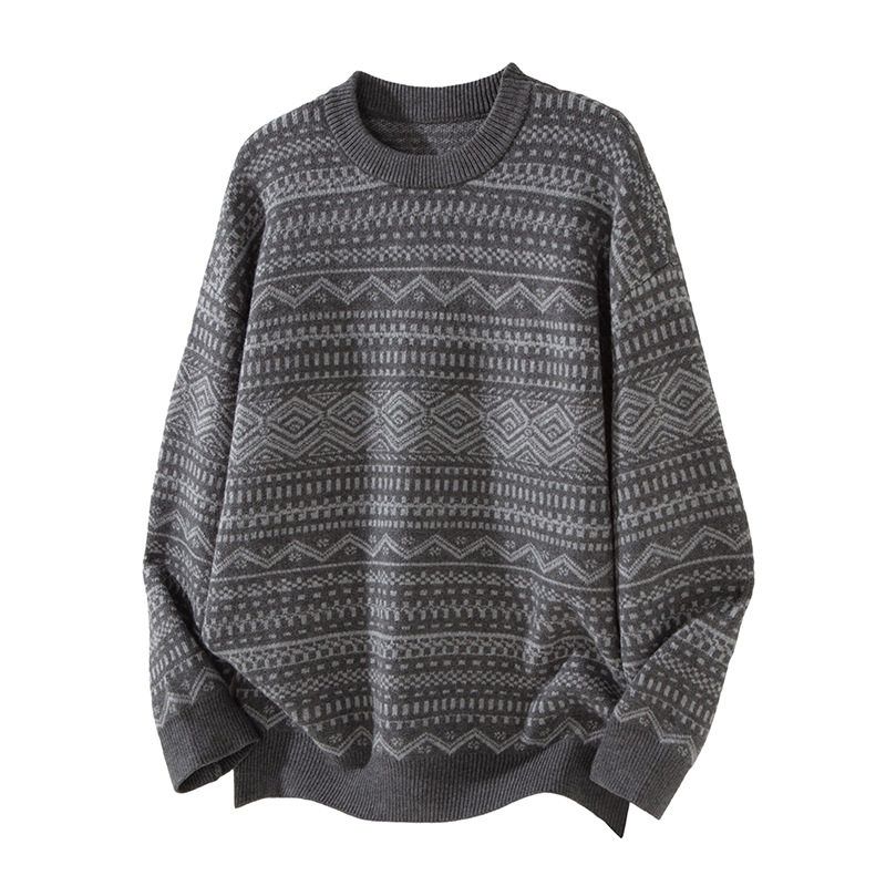 Qiqiu Men's Clothing, Geometric Pattern Jacquard Round Neck Sweater Men's American-Style Loose Heavy Warm Knit