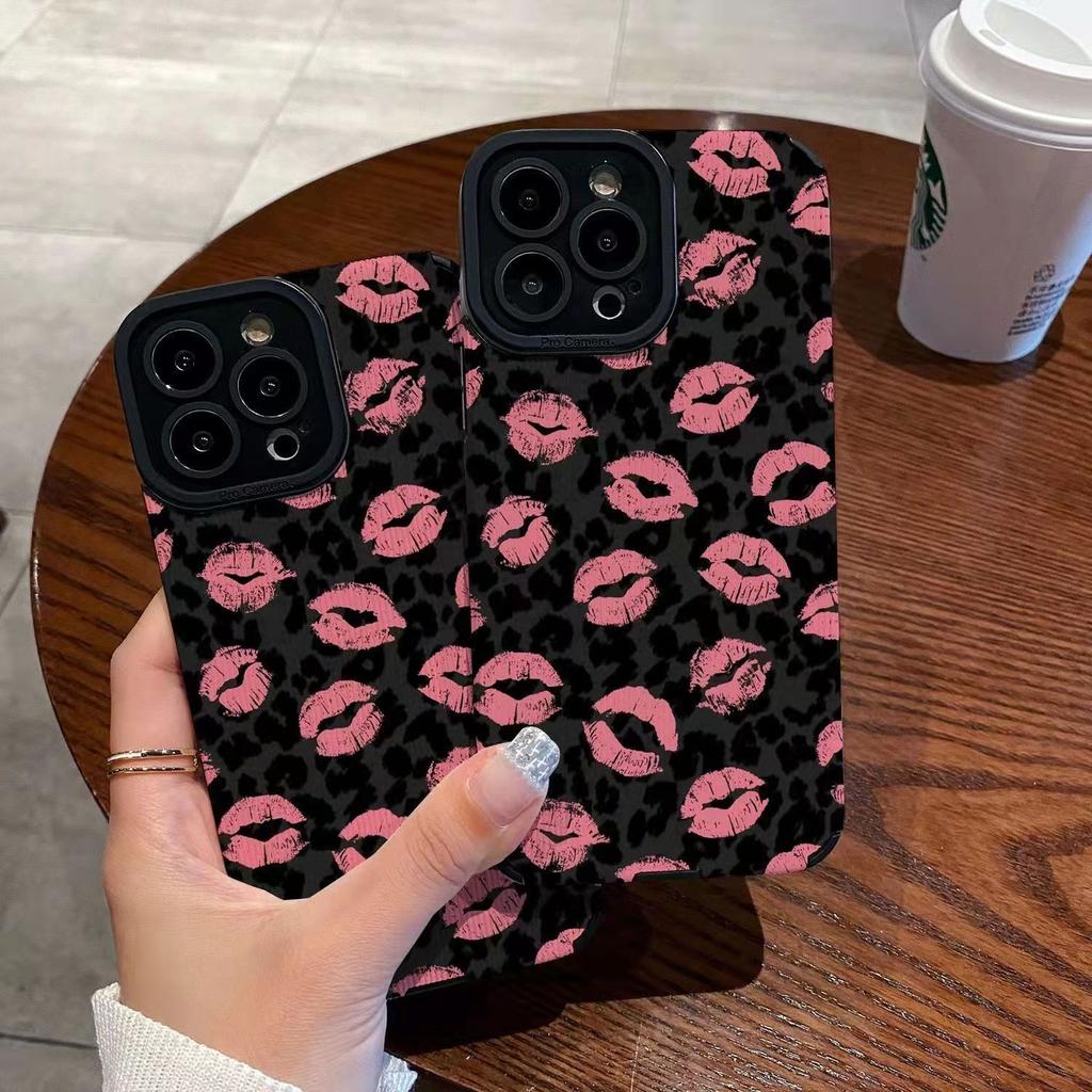 Leopard Print Pink Lips Pattern Phone Case Shockproof Protective Cover for iPhone