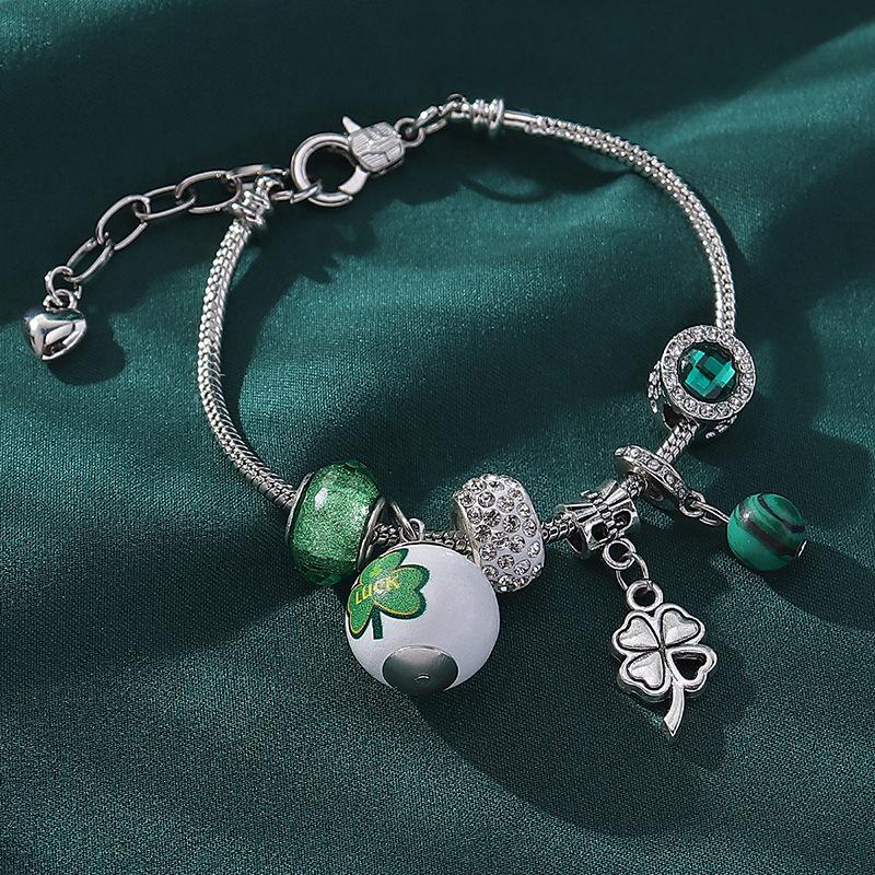 Lucky Green Glass Bead Clover Bracelet  Pendant