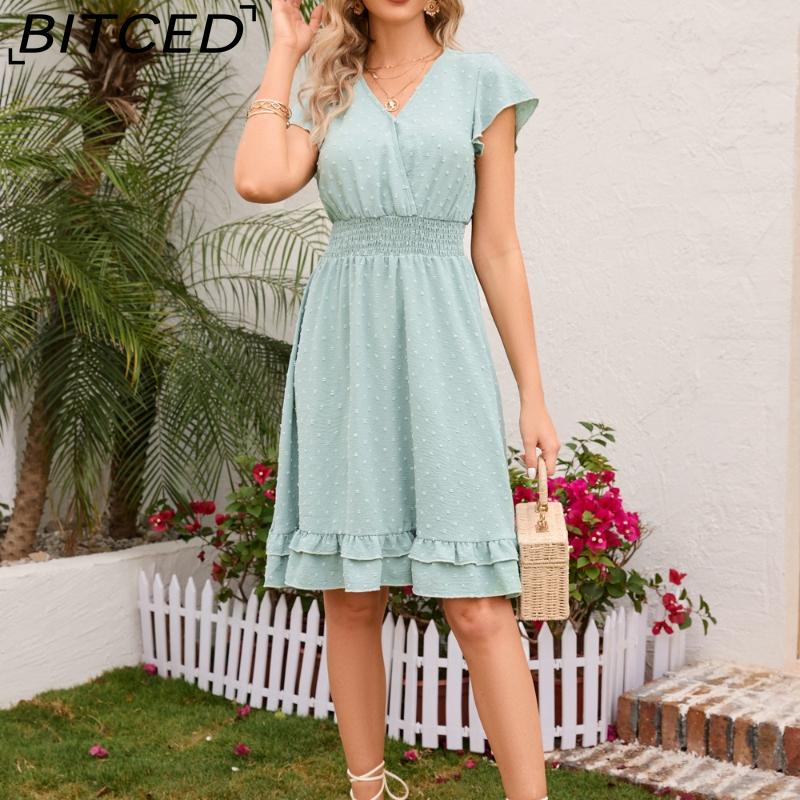 BITCED Women's Spring/Summer Waist-Defining V-Neck Dress Vacation Casual Short-Sleeve Slimming Dress
