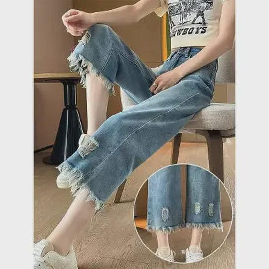 Jeans Rotos de Cintura Alta para Mujer, Primavera/Verano 2024: Holgado, Borla, Pierna Ancha, Largo 9/10