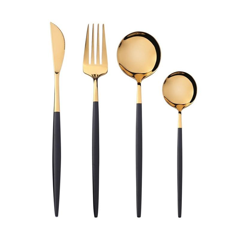 2/4 Stück Essgeschirr Tragbar Schwarz&Gold Edelstahl Löffel Gabel Steakmesser Set Reise Besteck Tischgeschirr Besteckset