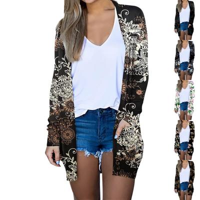 Women's Floral Print Casual Long Sleeve Cardigan Midi Jacket Fashion Tops