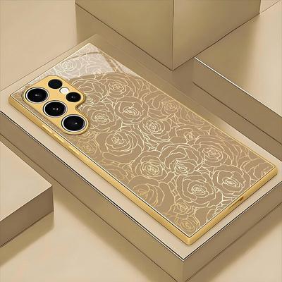 Golden Flower Patterned Glass Phone Case Suitable for Samsung Galaxy S26 S25 S24 S23 S22 S20 FE/Ultra/Plus Hard Case