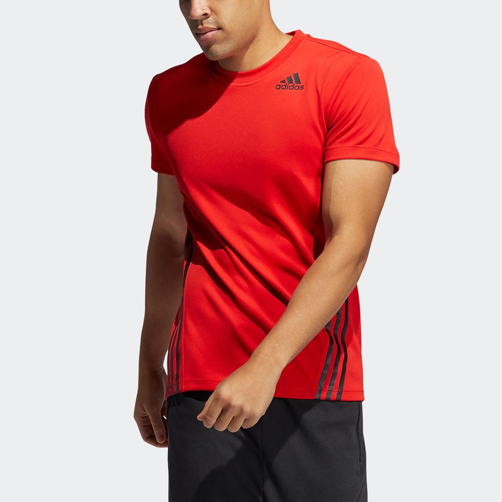 Adidas Aeroready Aero 3S Tee Striped Casual Crew Neck Short Sleeve T-Shirt Men Tops Bright-Red GM0661