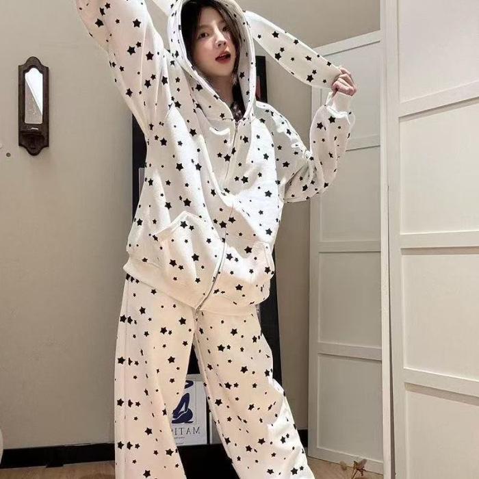 

Fleece Set: Cute Star Print Bunny Ear Two-Piece for Women - Trendy Autumn/Winter Wear L