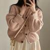 Autumn Simple Lazy Wind Bubble Sleeve Twist Pattern Loose Knitted Cardigan Sweater Jacket Women