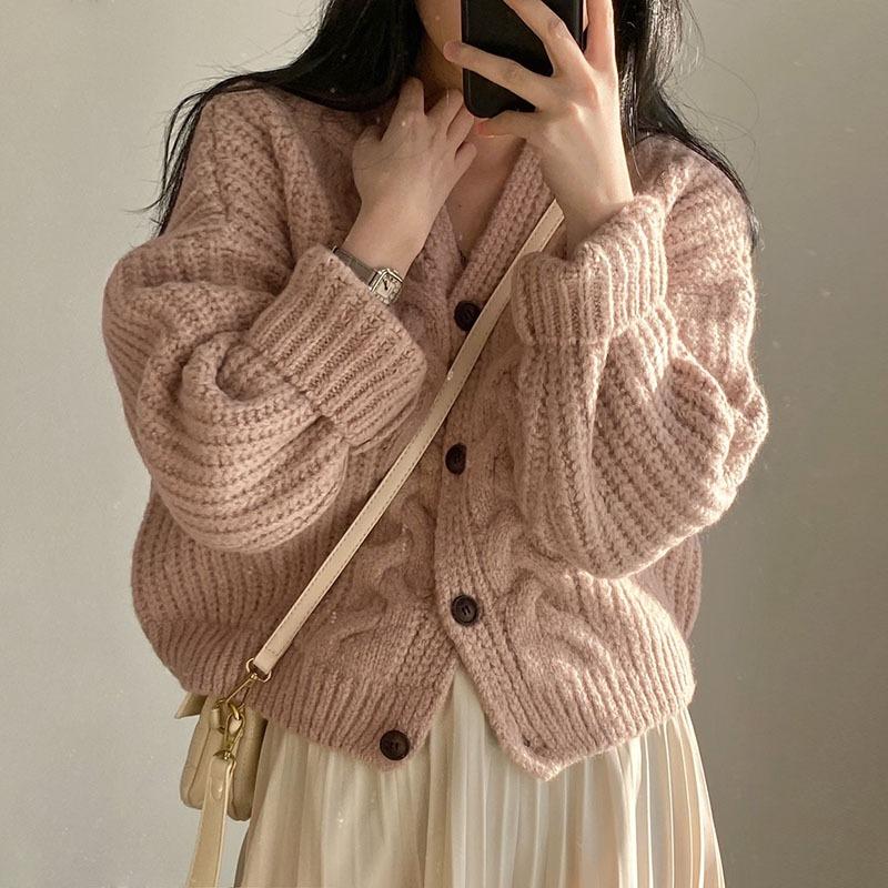 Autumn Simple Lazy Wind Bubble Sleeve Twist Pattern Loose Knitted Cardigan Sweater Jacket Women